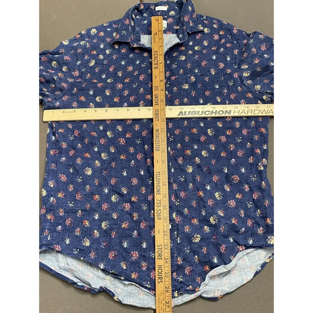 J. Crew Shirt Albini Linen‎ Indigo Floral Short Sleeve Button‑Up Medium AOP